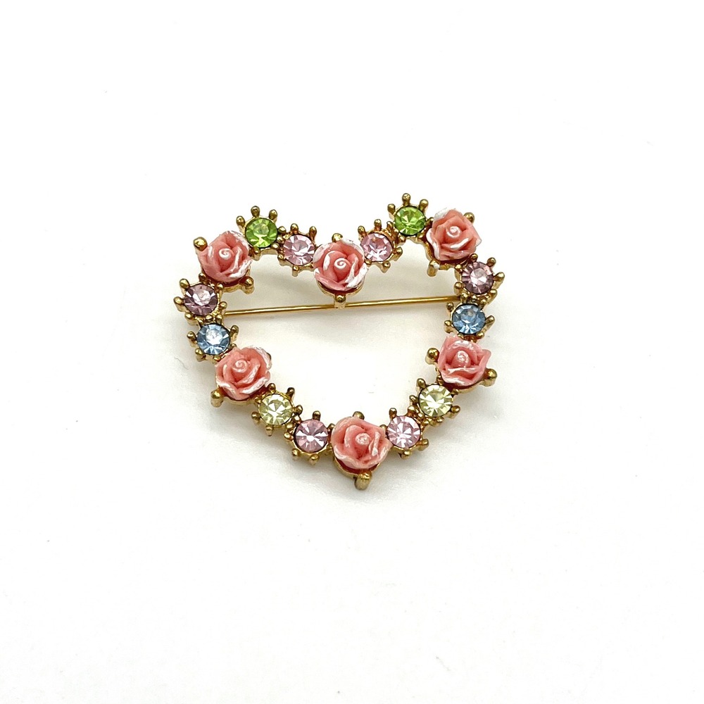Vintage Avon Heart Brooch Pink Rose Rhinestone Gold Tone‎ Floral Jewelry
